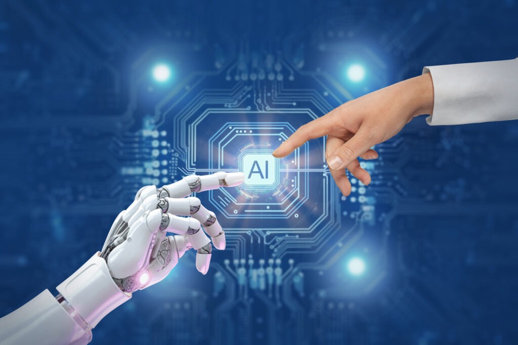 White cyborg robotic hand pointing his finger to human hand with stretched finger ai artificial intelligence.