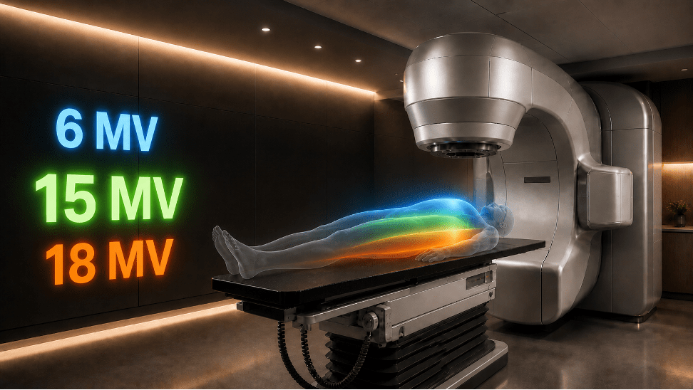 Ilustración conceptual de energías fotónicas de 6 MV, 15 MV y 18 MV en radioterapia