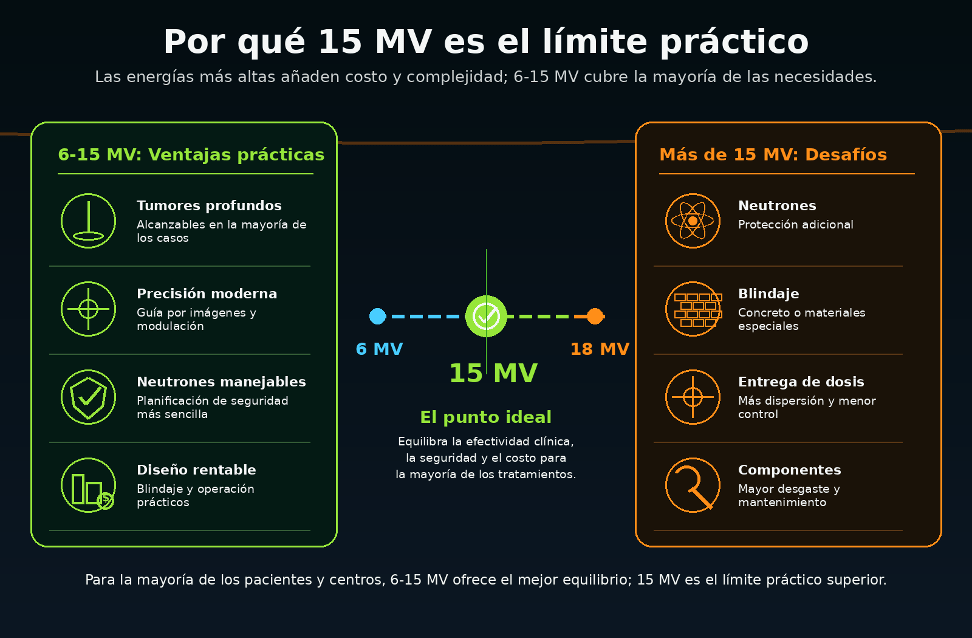 Infografía sobre por qué 15 MV es el límite práctico para la mayoría de los tratamientos de radioterapia